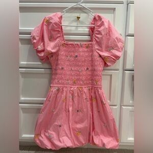 ENGLISH FACTORY: Pink Puff Sleeve Dress with Floral Embroidery